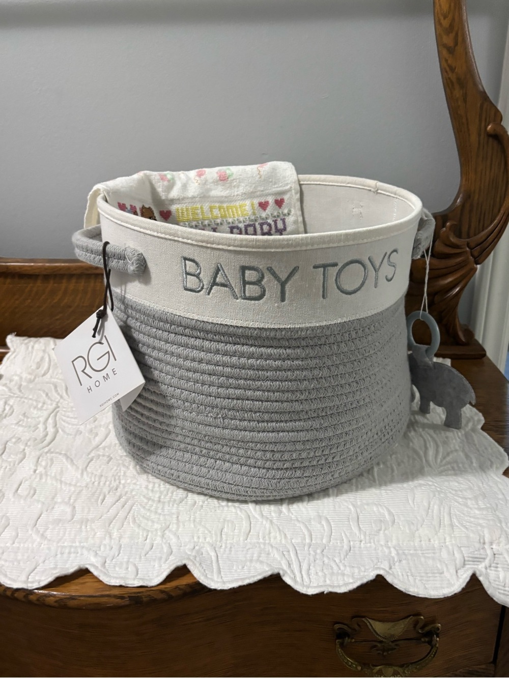 RGI Home ~Baby Toys Woven Basket 🧺 NWT & New Baby Embroidered Towel